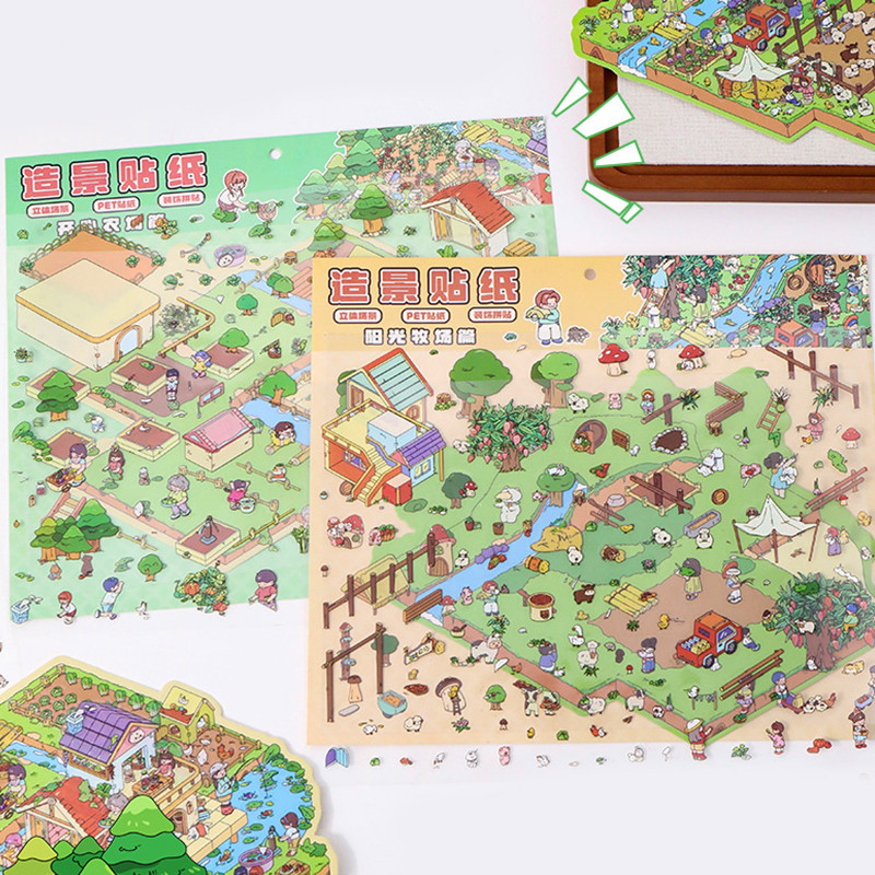 Happy Farm & Sunshine Ranch Chủ đề Phim hoạt hình Jumbo Scene Sticker, 3D xếp chồng thu nhỏ có thể x