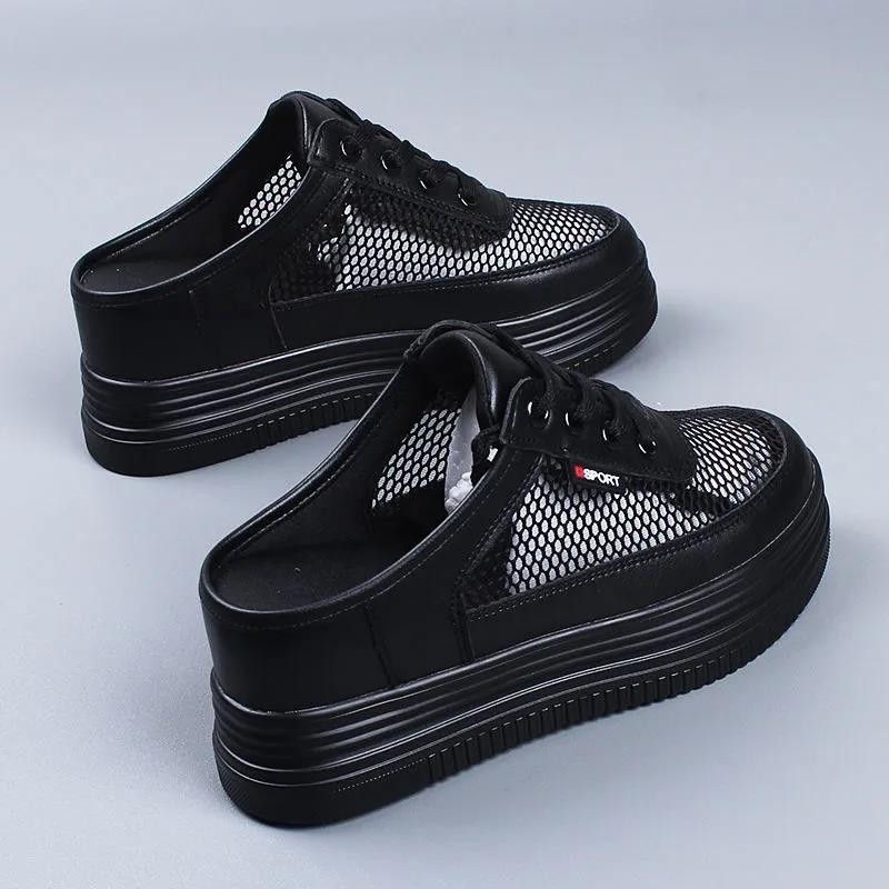 Giày Trắng Nhỏ Nữ Mùa Hè 2024 Rỗng Thoáng Khí Một Chân Nửa Dép Bên Trong Tăng Chiều Cao 6cm Sinh Viên Lưới Giày Đen