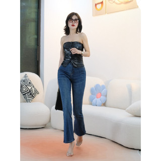 Quần jean nữ ống loe cạp cao dài 90cm, quần jean 9 tấc ống bass lưng cao