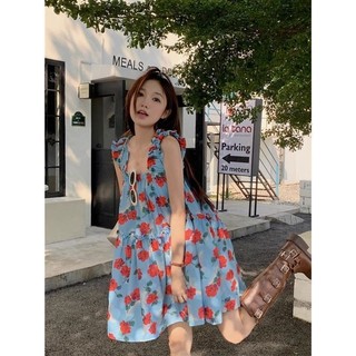 Retro Nấm Cạnh Hoa Váy Sling Đầm Nữ Mùa Hè Rời Ôm Hơn Nhìn Đi Biển Kỳ Nghỉ Phong Cách Ngọt Ngào Váy Ngắn
