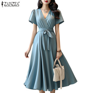 Zanzea nữ hoilday tay ngắn cánh hoa thắt lưng chữ a eo thiết kế đầm