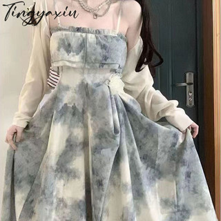 Tingyaxiu Váy nữ phong cách nhẹ nhàng mực nhòe bọc ngực váy mỏng kiểu Pháp