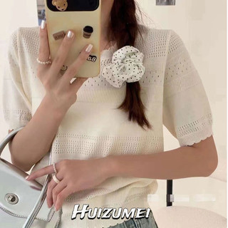 Huizumei Áo thun nữ dáng rộng phong cách lười biếng mới ren rỗng áo dệt kim ngắn tay
