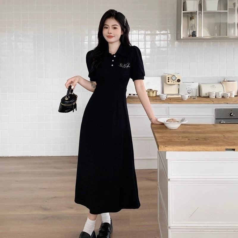 【Bess's house】váy bigsize nữ, chân váy dài 2 dây, cổ polo ngắn tay hở lưng 2024, đen nhỏ ôm eo mùa hè, tiểu thư sang chảnh, Liền | BigBuy360 - bigbuy360.vn