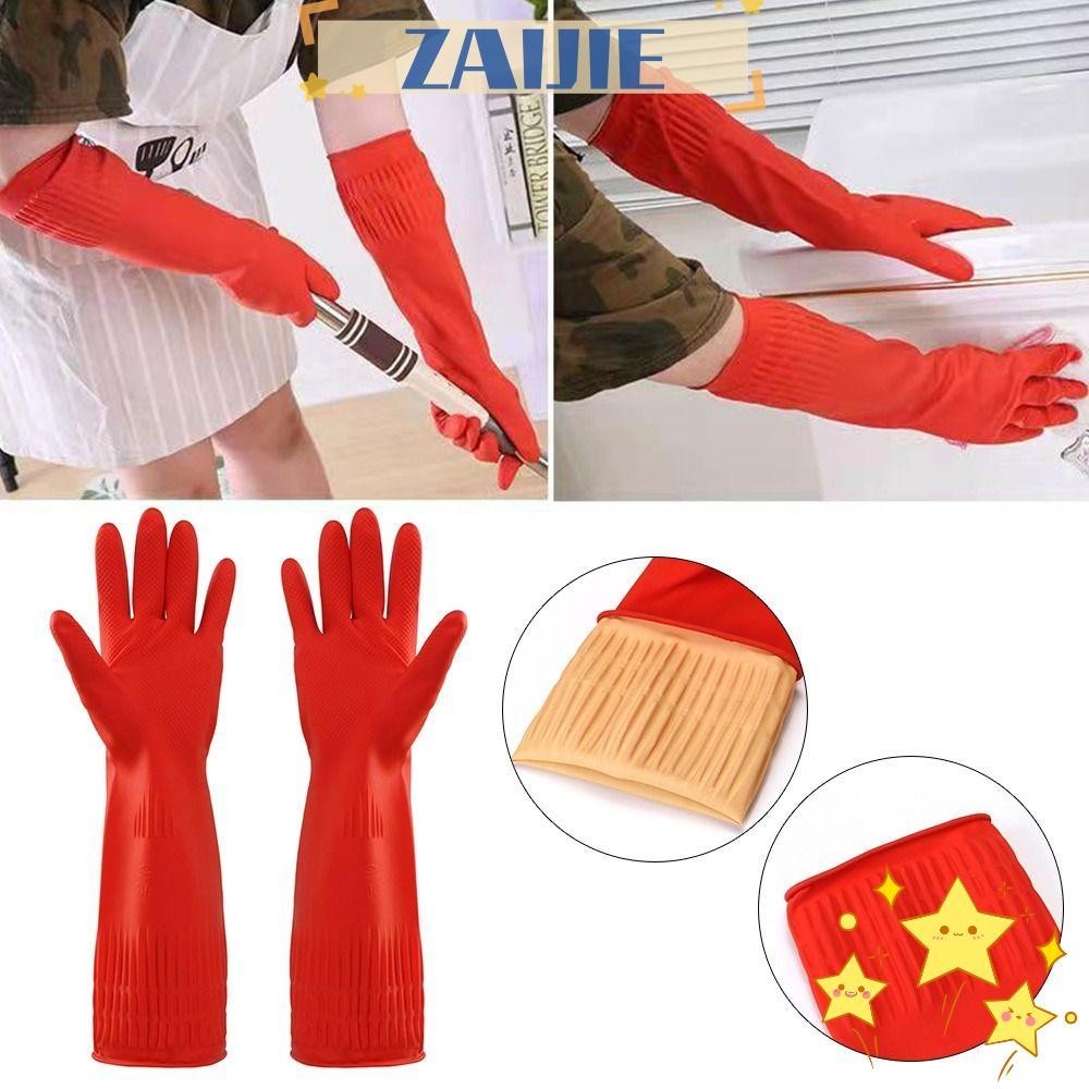 Zaijie24 1 đôi găng tay cao su hạng nặng, găng tay rửa xe chống hóa chất dày, vệ sinh gia đình chống axit dầu chống thấm nước cực dài găng tay bảo vệ nhà bếp