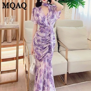 Mqaq nhẹ nhàng khí chất tách trà váy in hình mùa hè 2023 mới nữ eo thon gọn váy đuôi cá