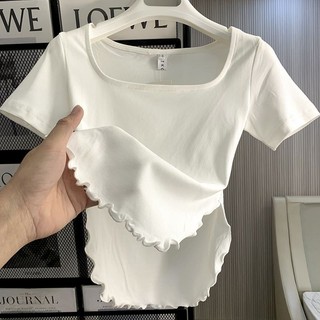 Cotton Nguyên Chất Hot Girl Cổ Vuông Áo Thun Nữ Mùa Hè Mới Slim Fit Thiết Kế Niche Nấm Crop Top