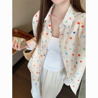 Áo Sơ Mi Chấm Bi Màu Retro Cho Nữ Đa Năng Nhẹ Và Giảm Béo Chống Nắng Hàng Đầu