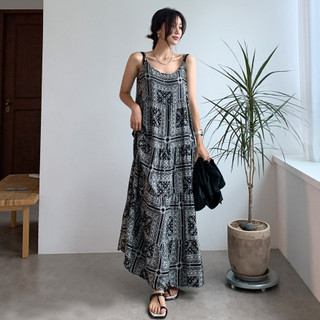 [Hàng có sẵn] Đầm Maxi in họa tiết cổ điển dáng rộng mùa hè dành cho nữ