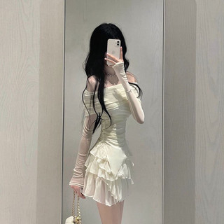 Áo choàng nữ Pure Desire mới lệch vai Slim Top + Váy xếp tầng Phù hợp với vai Cô gái nóng bỏng Phong cách mong muốn thuần khiết