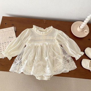 2024 Phong Cách Mới Cho Bé Jumpsuit Ren Romper Đầm Bé Puff Tay Một Tuổi Trăng Tròn Công Chúa Lưới Sợi Phong Cách Mùa Thu Áo Liền Quần