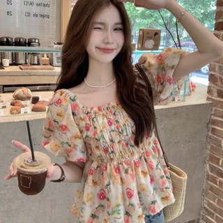 Áo Sơ Mi Voan Tay Ngắn Hoa Nữ Mùa Hè Phong Cách Mới Kích Thước Lớn Phong Cách Pháp Cổ Vuông Tay Phồng Nẹp Áo Sơ Mi Ngắn