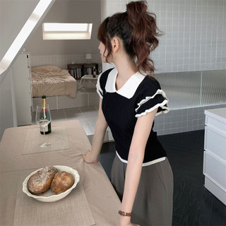 Yuewen Hàn Quốc Cổ Búp Bê Dệt Kim Nhỏ Bay Tay Áo Nữ Mùa Hè Cảm Giác Tính Khí Ngọt Ngào Cao Cấp Nhỏ Tay Ngắn