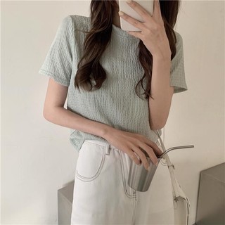 Mùa Hè Phong Cách Mới Nhẹ Nhàng Áo Thun Tay Ngắn Rời Phiên Bản Hàn Quốc ins Phong Cách Cổ Tròn Màu Trơn Đơn Giản Tay Ngắn