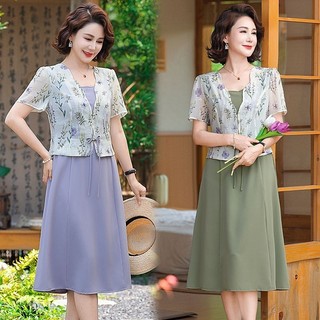 [Hàng có sẵn] Đầm voan thời trang mùa hè của mẹ Tính khí quý phái 40 tuổi 50 Phụ nữ trung niên Người cao tuổi thời trang in hình ngắn tay