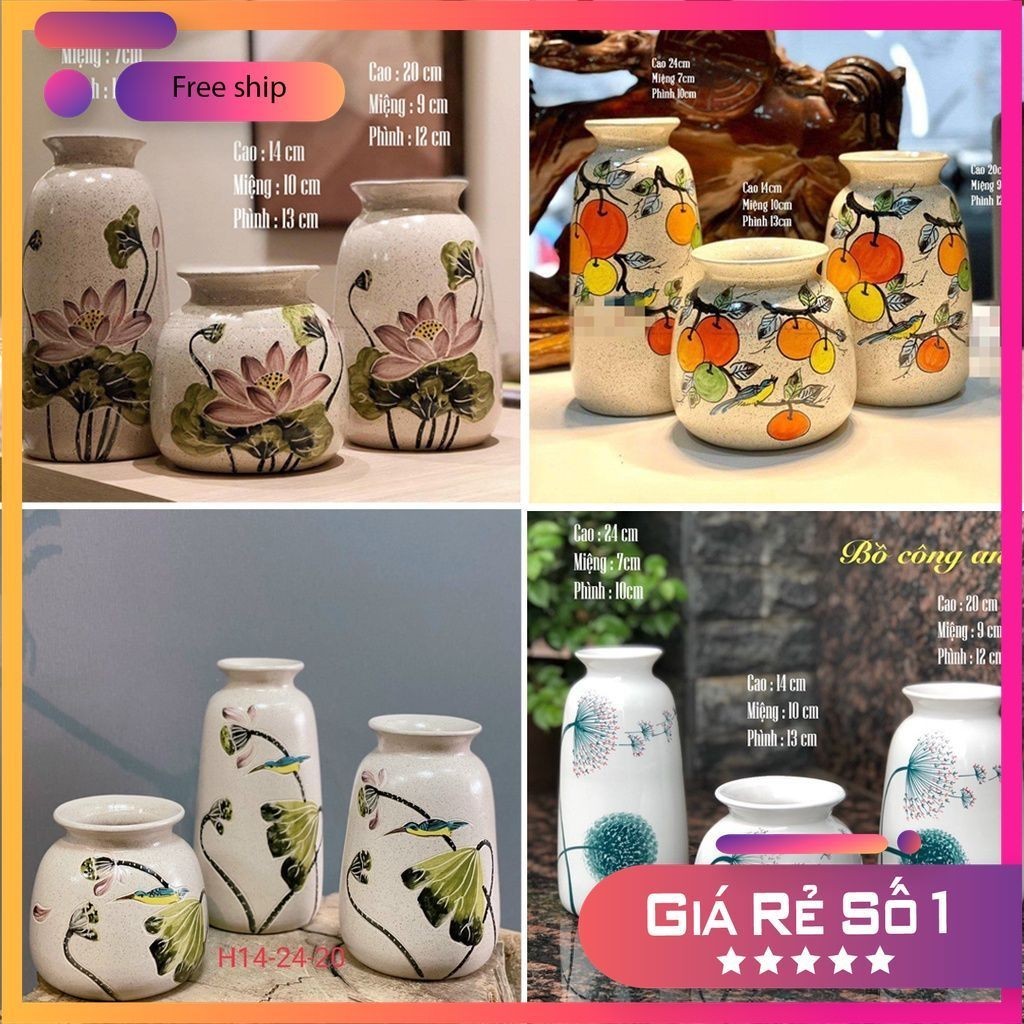Bộ bình gốm 3 Lọ hoa gốm sứ vẽ tay men lạnh - Gốm bát tràng Yumi Shop YM215