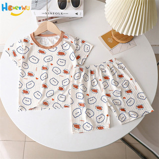 Haoerwu Bộ đồ trẻ em Bé trai và bé gái hoạt hình in lụa băng nhẹ thoáng khí tay ngắn điều hòa mặc ở nhà