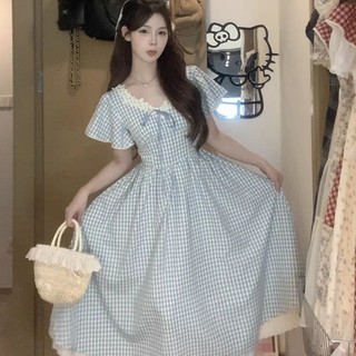 Váy Liền Kẻ Sọc Xanh Mẫu Mới Mùa Hè Váy Dài Cổ Chữ V Phối Viền Ren Thắt Nơ Ngọt Ngào Khí Chất