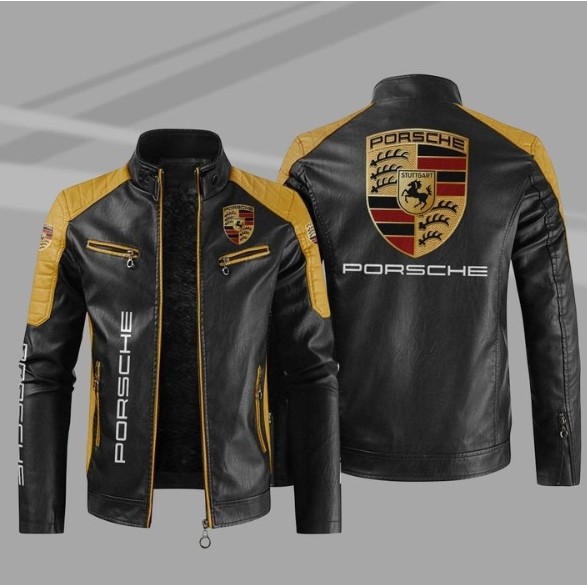 PORSCHE leather jacket, stand-up collar zipper design, custom workwear for car shops, Macan, Cayenne