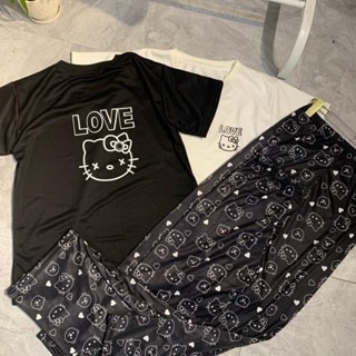 Bộ áo phông trắng logo hình hello kitty mix quần dài ống rộng Nữ Top Wome - Hàng chính hãng