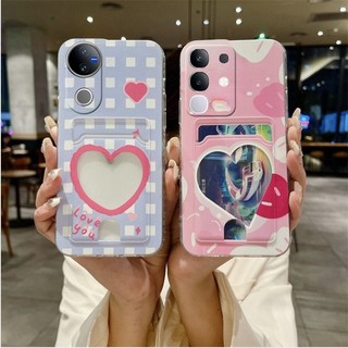 Ốp điện thoại thông minh VIVO V50 Y39 Y29 VIVOY29 4G VIVOY39 VIVOV50 5G Lưới họa tiết hình trái tim có gói thẻ Vỏ mềm silicon Vỏ bảo vệ Camera