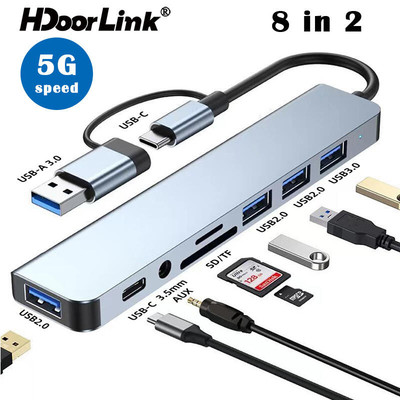 Hdoorlink 8 trong 2 USB Hub Type C Hub USB 3.0 Hỗ trợ TF / PD đọc Bộ chuyển đổi tốc độ cao cổng usb mở rộng kết nối chuyển đổi cho Laptop PC