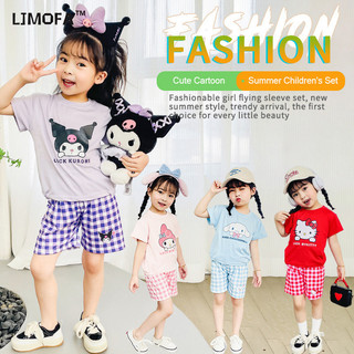LJMOFA 2 Bộ Áo Thun Và Quần Short Cho Bé Gái Kuromi Tay Ngắn Cho 2-10 Tuổi Đáy Kẻ Sọc Cũ Cho Trẻ Em