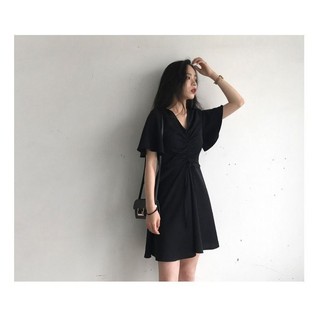 Đầm chữ A tối giản phong cách Hàn Quốc mùa hè dành cho nữ cổ chữ V Slim Fit màu trơn tối giản