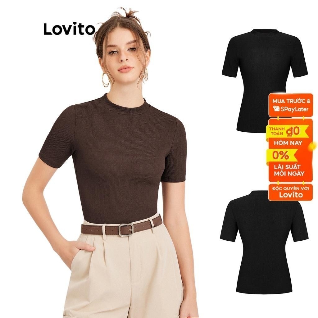 Áo ôm body nữ thun Lovito kết cấu màu trơn cổ trụ dạng ngắn độ co giãn cao phong cách thường ngày L30ED021 (màu nâu)