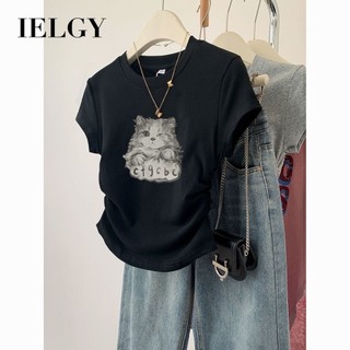 IELGY Áo thun ngắn tay in hình dễ thương dành cho nữ áo crop top mỏng