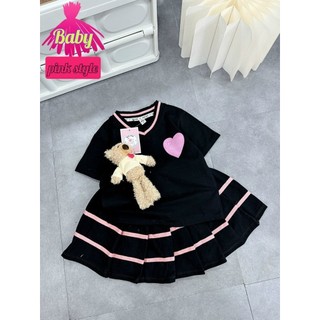 (15kg-40kg) Váy bé gái vải cotton mềm mịn thoáng mát ,áo cổ tim kèm gấu bông , bé mặc đi chơi mùa hè rất mát mẻ thoải