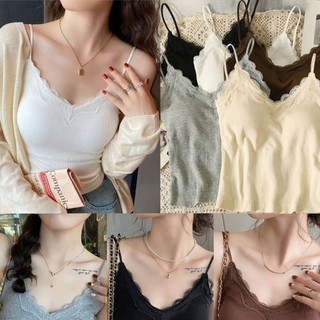 Áo sơ mi 2 dây có viền ren và miếng đệm ngực, áo crop top 2 dây đeo kiểu dáng mỏng Hàn Quốc