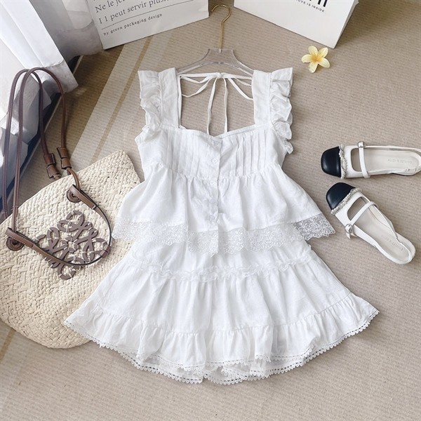 Set áo babydoll tay cánh tiên viền bèo + chân váy ngắn phối ren 243 BOÚ Clothing (ảnh thật)