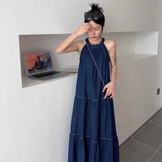 Dây Cổ Sling Denim Đầm Nữ Mùa Hè Phong Cách Mới Bên Biển Kỳ Nghỉ Phong Cách Đầm Rời Đi Biển Dài Đầm