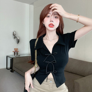 Áo baby tee Áo Coquette Tay Ngắn Áo Kiểu Nữ ôm body Áo baby tee Áo Coquette Tay Ngắn Áo Kiểu Nữ ôm body Pure Desire Ngọt Ngào Cay Nơ polo Cổ Áo Thun Nữ Tay Ngắn Thiết Kế Mùa Hè Niche Pháp Phong Cách Ngắn Trang Trọng Vai Top