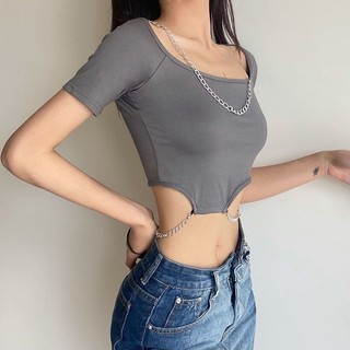 Yuewen Cổ Vuông Dây Ngắn Tay Áo Thun Không Đều Treo Dây Xích Ôm-Fit Ngắn Crop