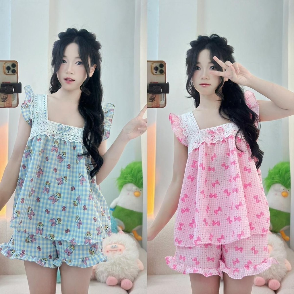 bộ pijama bộ ngủ nữ tiểu thư cổ vuông sát nách vải đũi mùa hè mặc đi ngủ mát mẻ thoải mái Xưởng may 