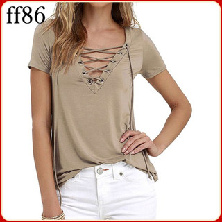 「 Ff86 」 Áo sơ mi nữ tay ngắn buộc dây cổ chữ V màu trơn