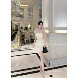 Váy Hai Dây Đính Đá Nơ Eo Xếp Li CABOXIN