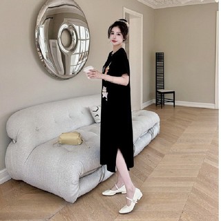 Đầm suông  thun dáng suông thẳng xẻ tà váy ôm dáng dài tay ngắn in hình thú cưng xỉu TTDSA0194