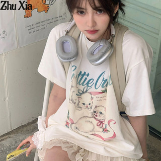 Áo thun nữ Zhu Xia phong cách đại học Mỹ tay ngắn in hình mèo dễ thương Áo thun dáng rộng thiết kế thích hợp hàng đầu ins