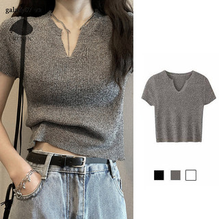 Áo thun Labo tối giản DANANGE Áo len dệt kim ngắn tay cổ chữ V rắn mùa hè CRLNHC crop top dành cho nữ vn