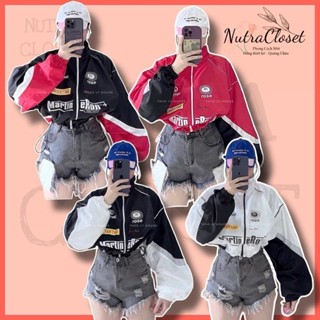 Áo khoác lửng croptop dù 2 lớp cổ trụ in nhiều phối tay unisex nam nữ