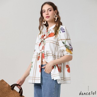 Dance1o1-nữ Mùa Hè Thường Ngày In Hình Trái Cây Dây Buộc Phía Trước Tay Ngắn Cho Dạo Phố Thẩm Mỹ Quần Áo Grunge