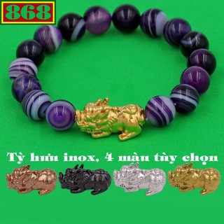 Vòng chuỗi đeo tay mã não tím sọc charm tỳ hưu inox, từ 6 ly đến 14 ly, vòng tay phong thủy