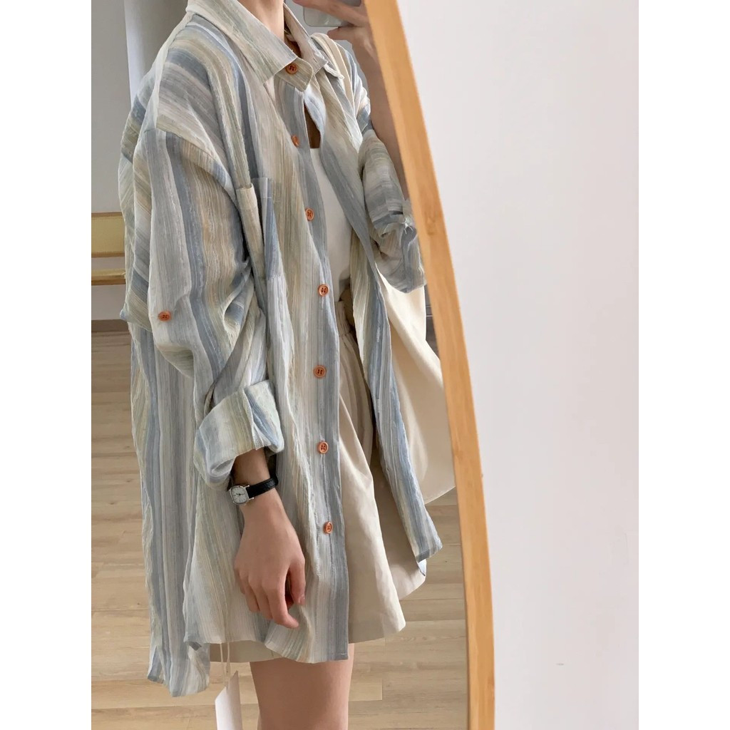 Áo sơ mi chống nắng sọc cotton gauze họa tiết màu nước gradient mùa hè, dáng rộng, đa năng, nhẹ, tay