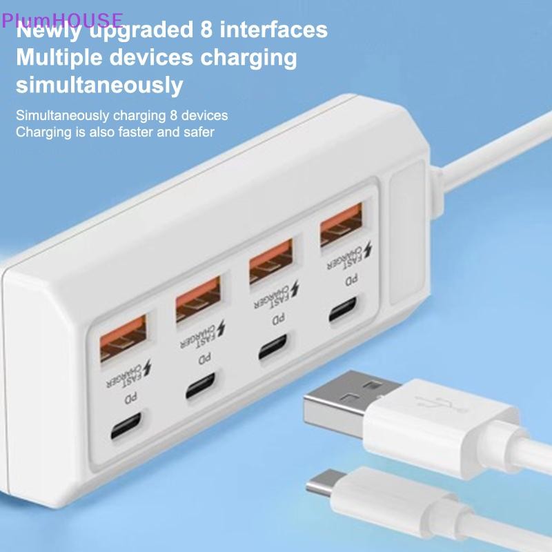 Plumhouse 8in1 USB Mở Rộng Sạc 4Type-C + 4USB HUD PD Sạc Nhanh Bộ Chuyển Đổi Nguồn Cho Máy Tính Bảng