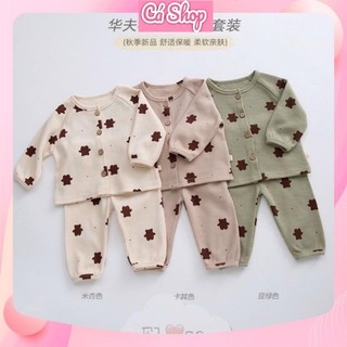 Xả Bộ cotton tổ ong in hình gấu cho bé