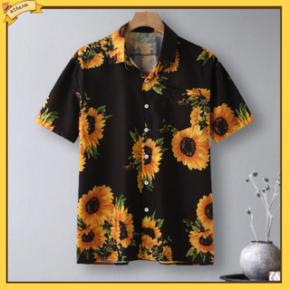 Tại| Áo Sơ Mi Nam Màu Sắc Tương Phản In Hoa Cardigan Cổ Xuống Đi Biển Top Nam May Mặc
