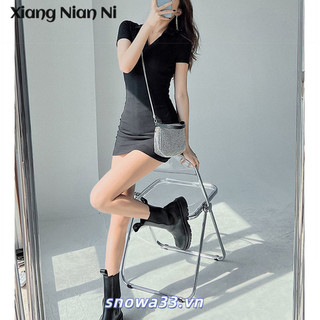 Xiang Nian Ni Phong Cách Âu Mỹ Màu Trơn Và Cổ Chữ V Tay Ngắn Nữ Hot Girl Gợi Cảm Ve Áo Hơi Mỡ Chặt Vỏ Váy
